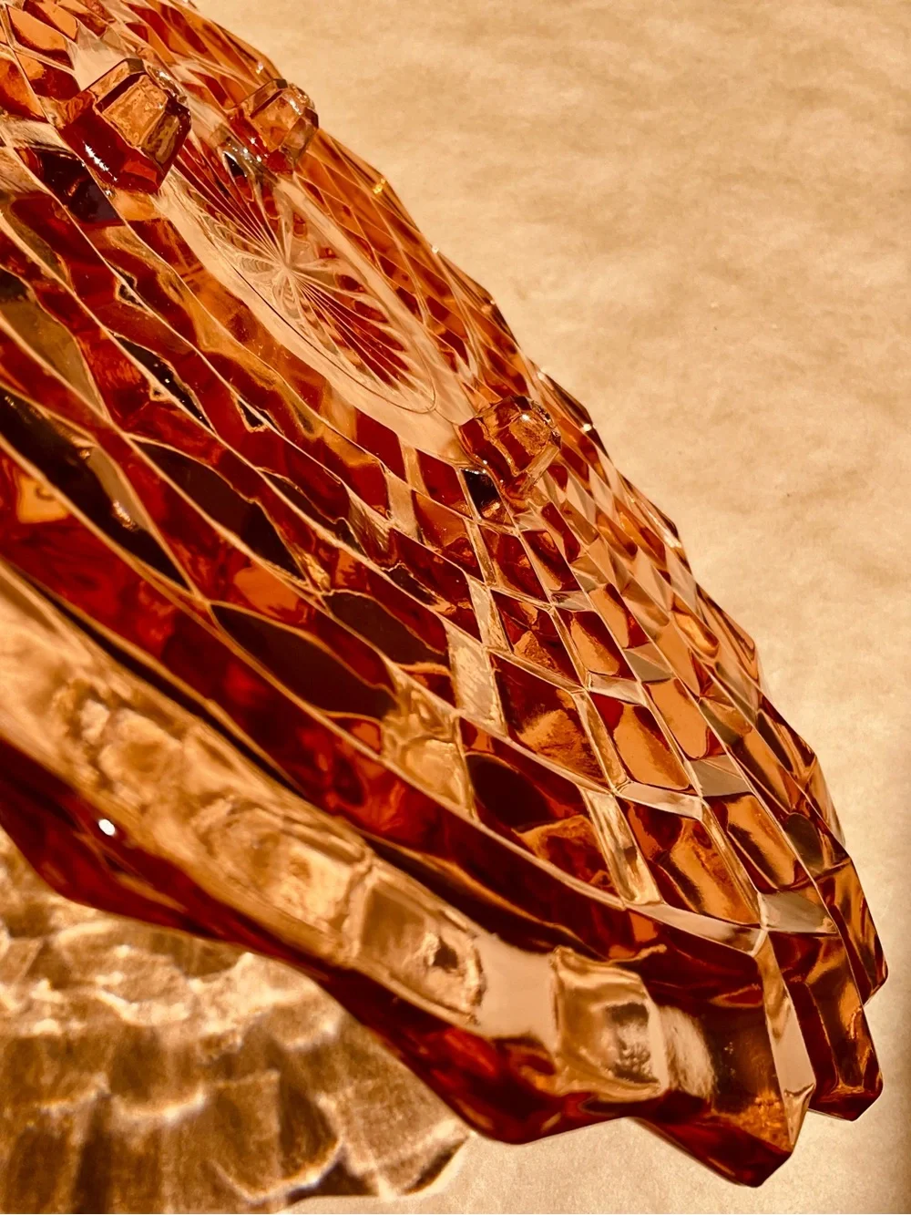Vintage ❉ Art Deco Cube Cubist Serving Dish Platter in Pink Depression Glass